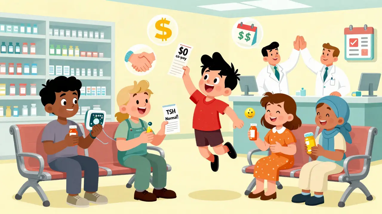 Diverse patients in a pharmacy celebrate savings and health, with icons of trust and adherence floating around them.