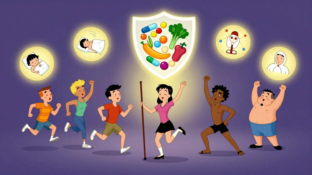 Diverse people exercising playfully under glowing icons of sleep, stress relief, and connection, protected by a shield of pills and veggies.