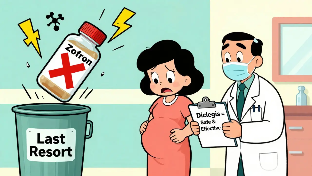 Doctor handing safe pregnancy nausea medication while a dangerous Zofran bottle is thrown away.