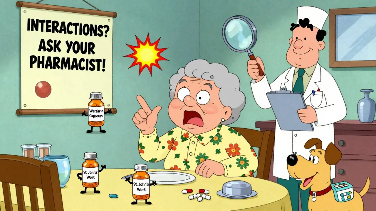 Elderly woman surrounded by talking pill bottles with warning signs