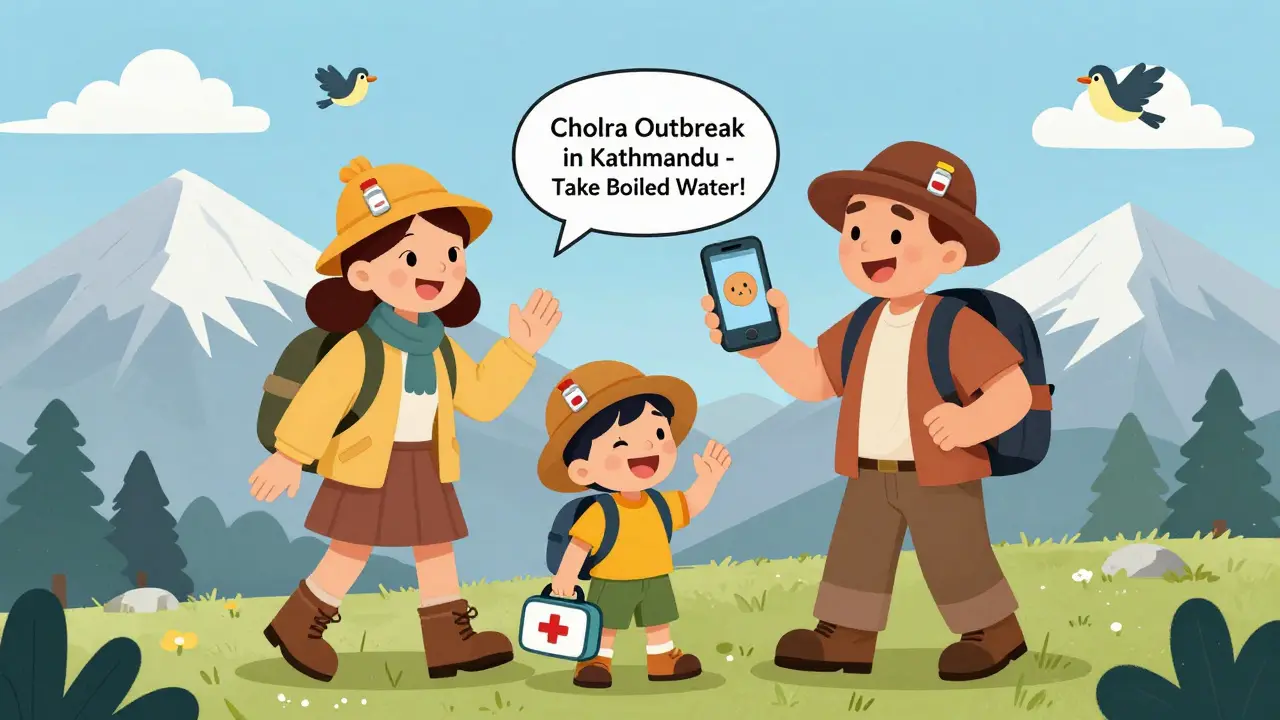 Family hiking safely in mountains with pill bottles and real-time health alert floating above them.