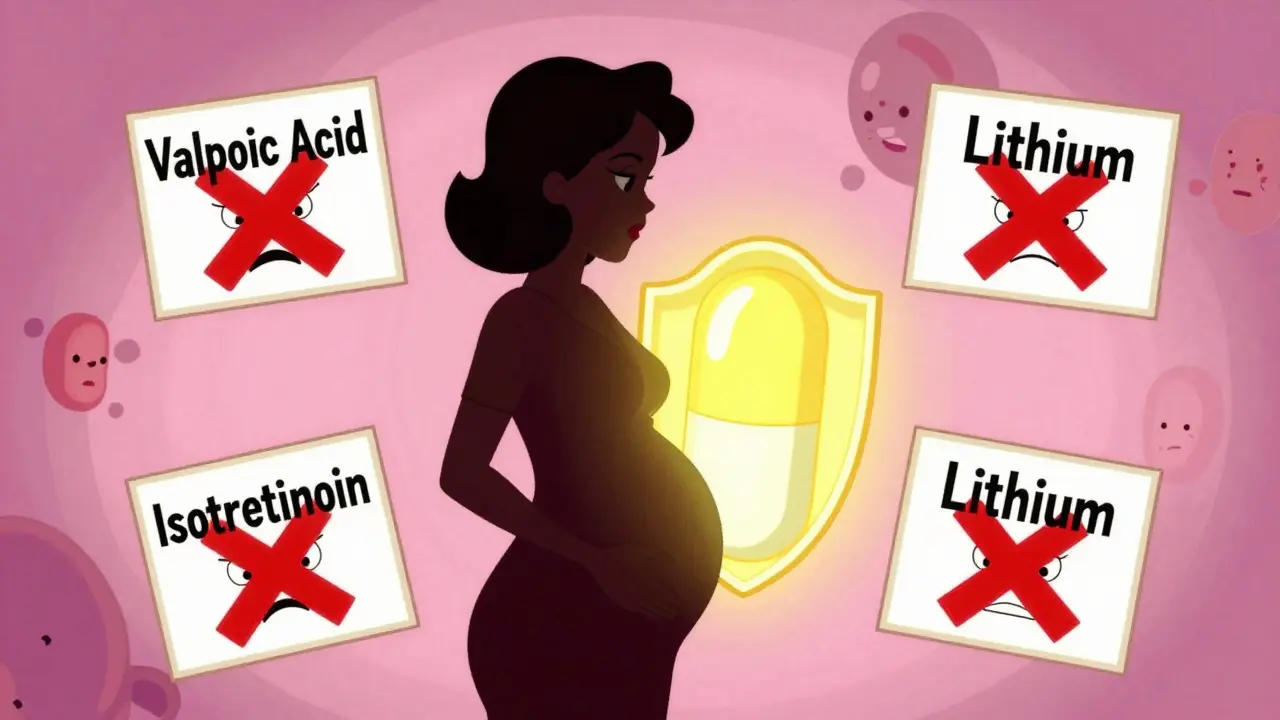 Folic acid pill shining as a shield against dangerous medication icons in a womb-like space.