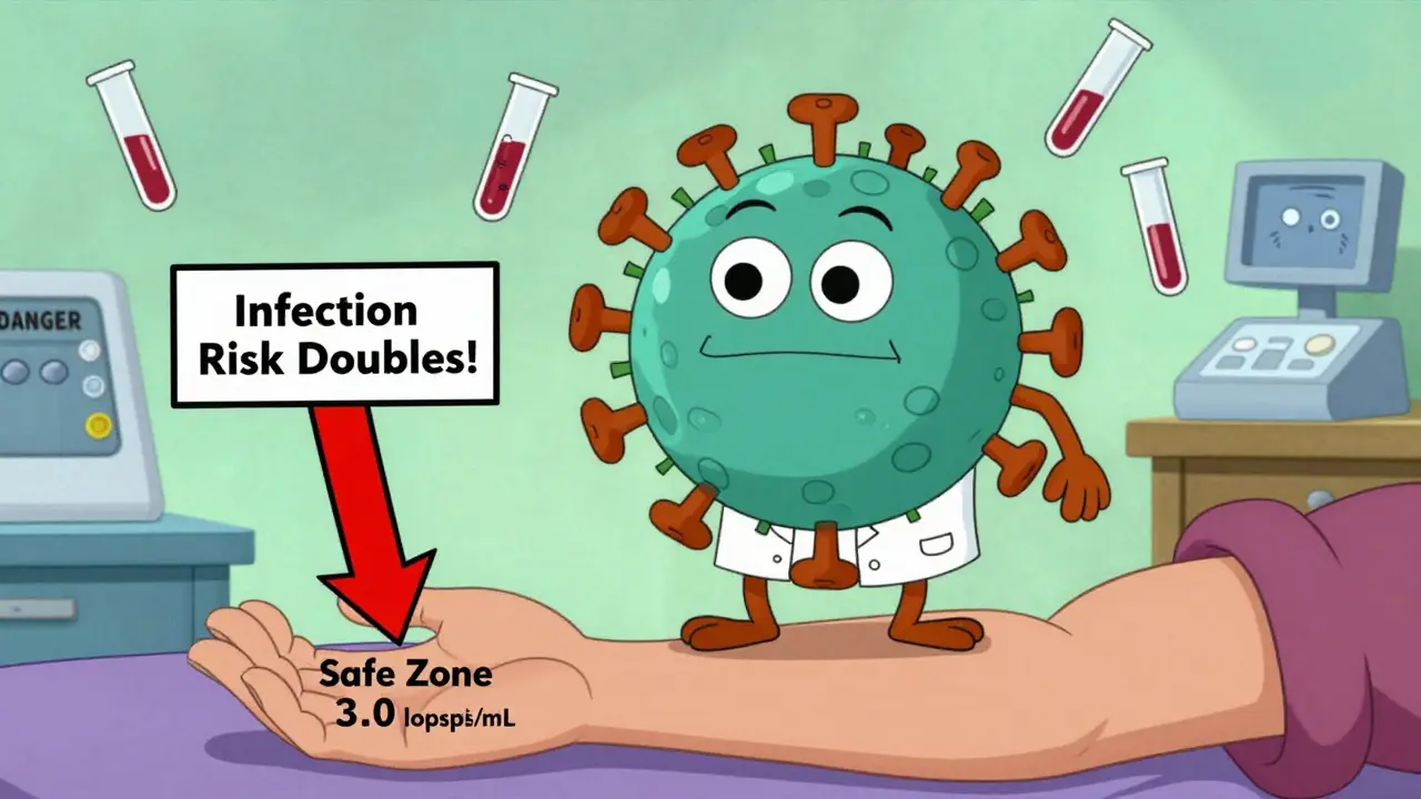 Friendly TTV virus floating above arm with safety meter showing safe and danger zones, test tubes nearby