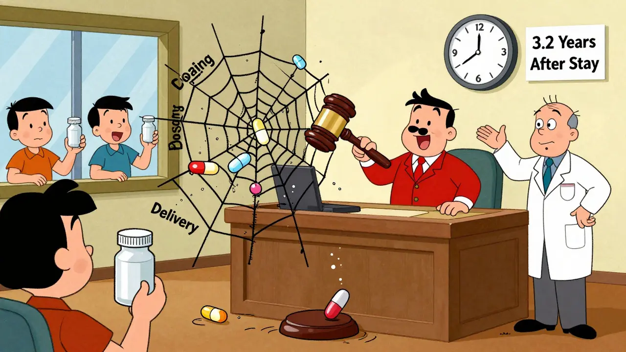 Generic pills struggle to escape a patent web in court as patients wait outside with empty bottles.