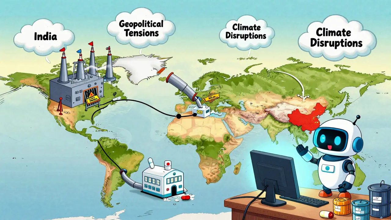 Global medicine supply chain with broken pipelines and an AI robot monitoring inventory, cartoon style.