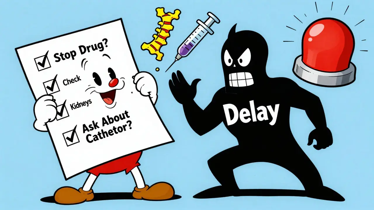 Heroic patient holds a medical checklist while a shadowy villain tries to steal it, surrounded by warning icons.