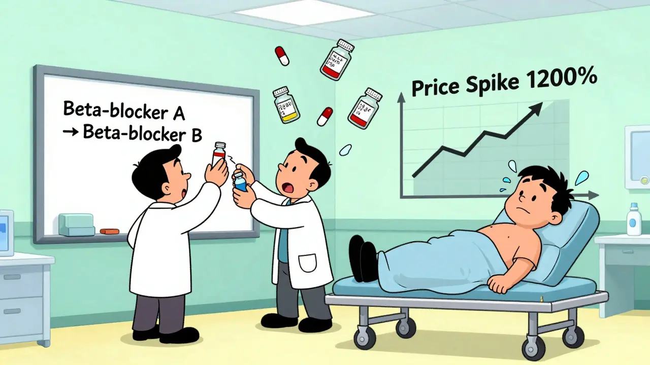 Hospital staff swapping medications on a whiteboard as prices soar in a cartoon emergency room.