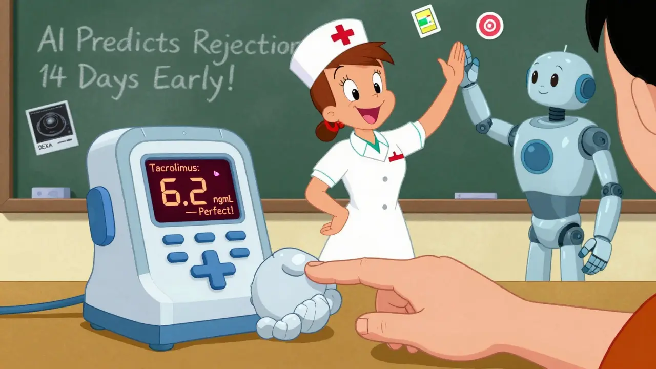 Patient using futuristic handshake-shaped blood tester, nurse and AI robot celebrating, medical icons floating