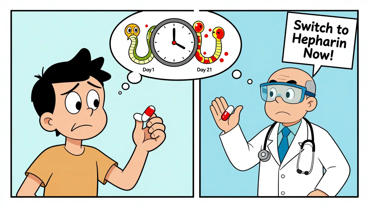 Patient with pill thought bubble showing clots and bleeding, doctor urges heparin switch