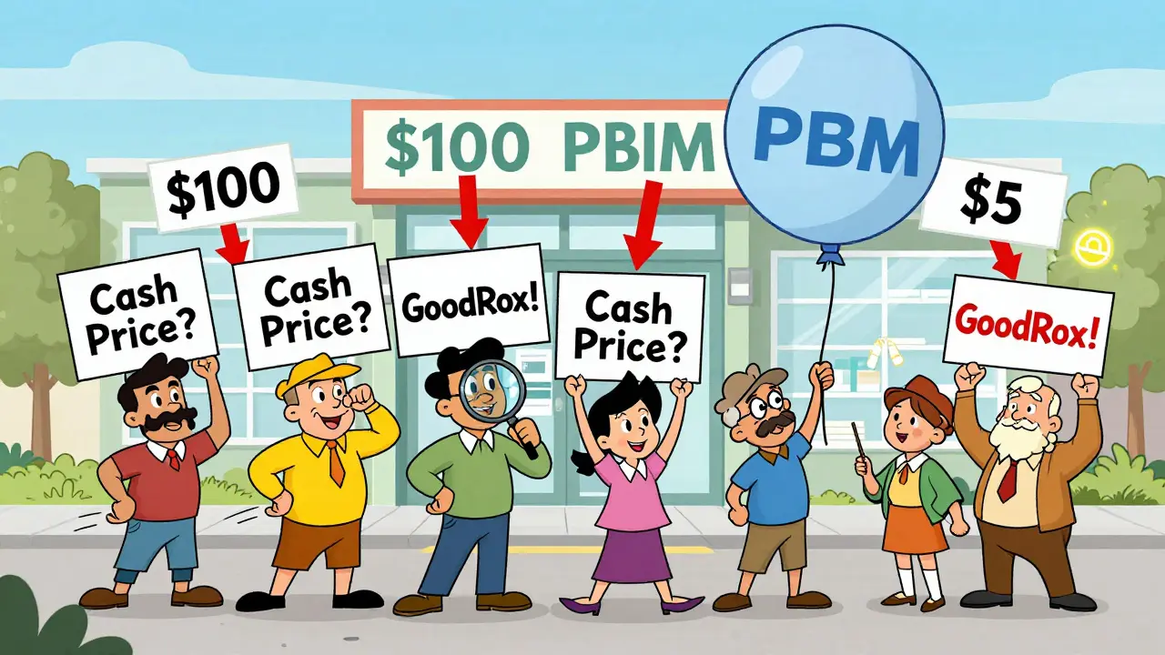 People comparing cash prices at pharmacies, with giant price tags falling as they use GoodRx and Cost Plus Drug Co.