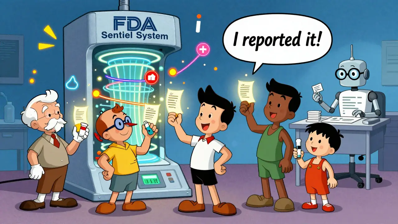 People sending medication reports to a glowing FDA AI system with cartoon data streams.