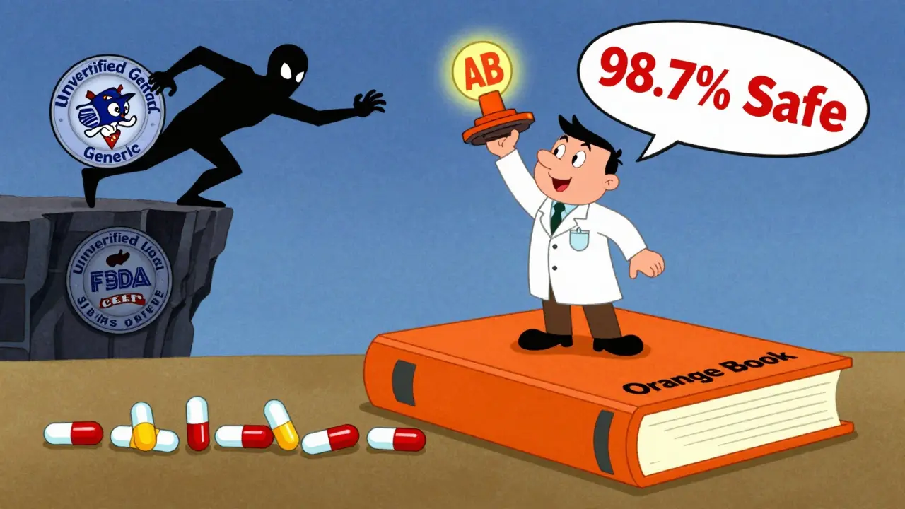 Pharmacist standing on Orange Book stamping AB-rated pills as superheroes.