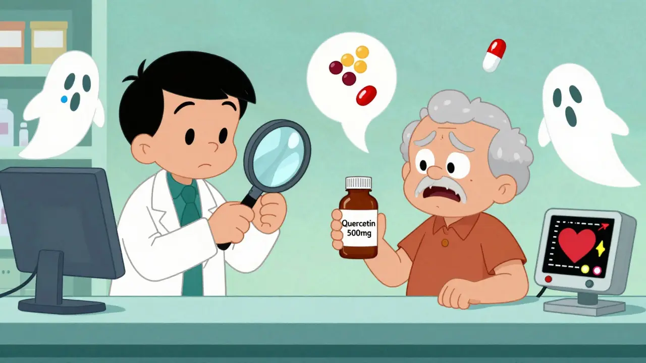 Pharmacist warning elderly patient about quercetin interacting with blood thinners and heart meds.