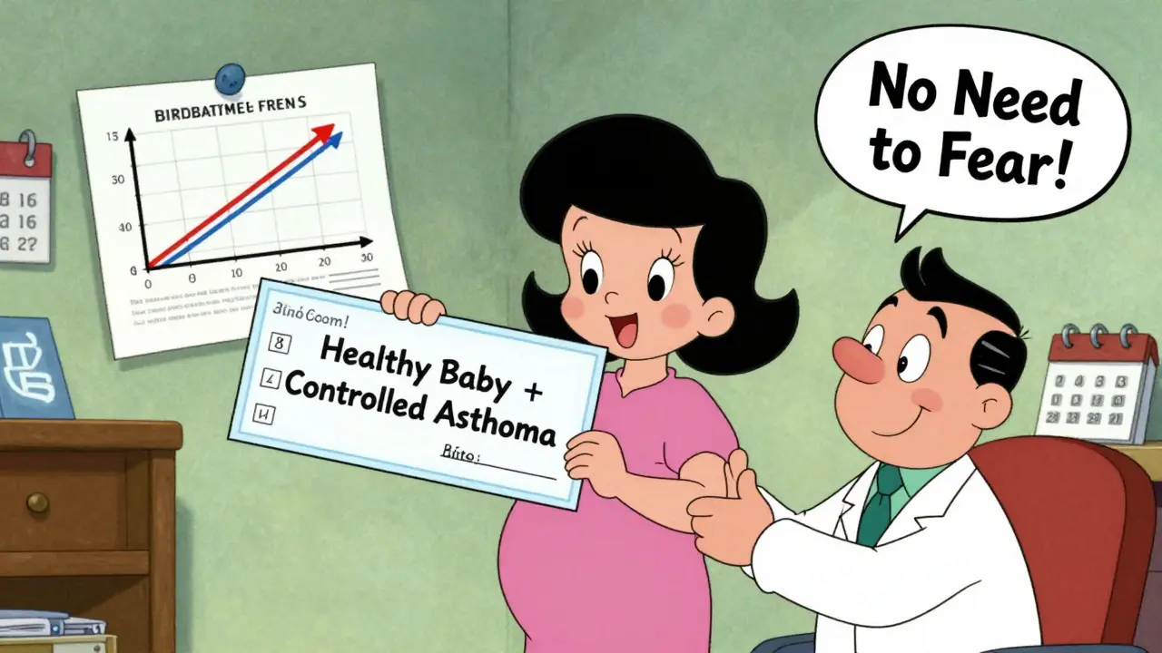 Pregnant couple celebrating healthy baby and controlled asthma with medical chart and calendar.