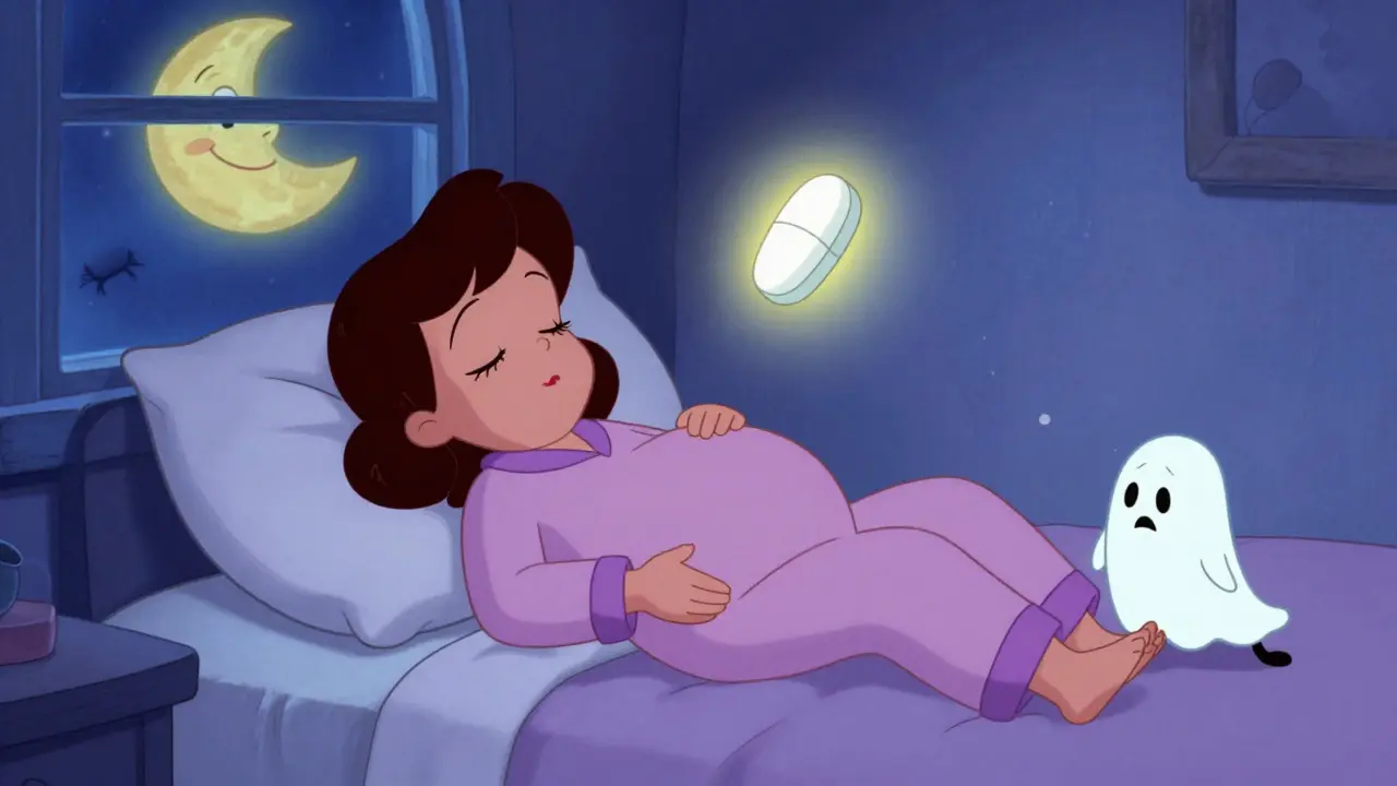 Sleeping pregnant woman with a glowing doxylamine tablet beside her, nausea monster walking away.