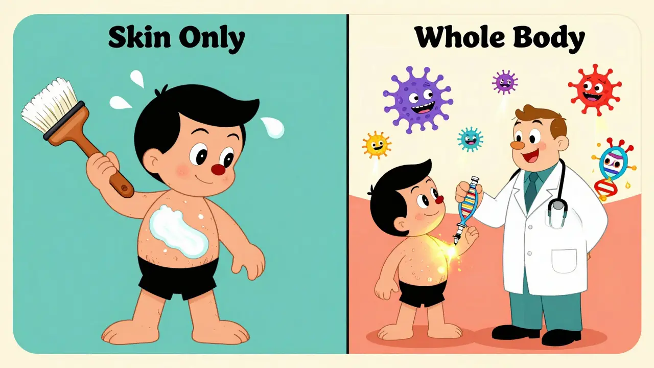 Split cartoon scene showing topical treatment vs biologic injection with immune cells being zapped.