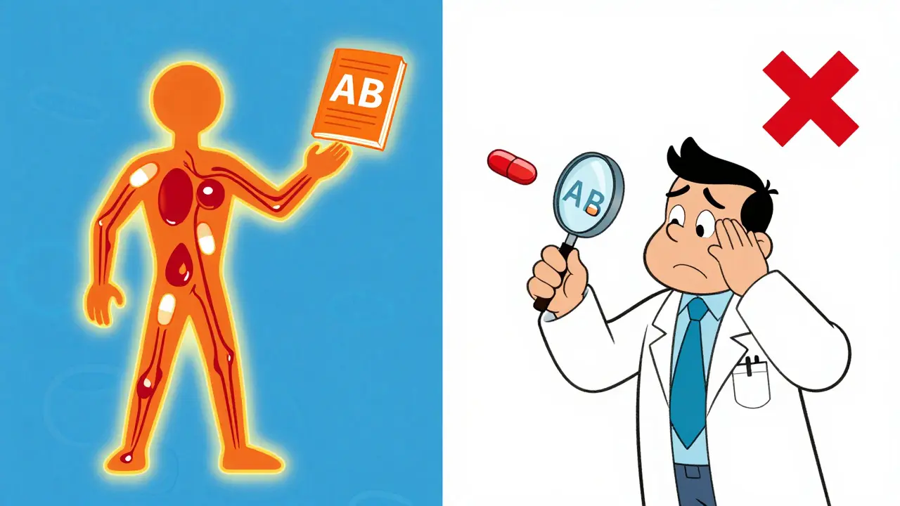 Split cartoon showing AB-rated equivalence vs. rejected B-rated drug with X mark.