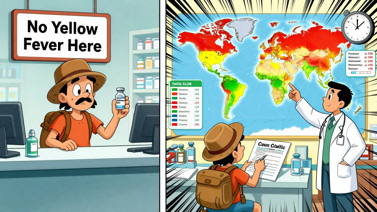 Split scene: confused traveler at pharmacy vs. well-prepared traveler getting custom health plan at clinic.