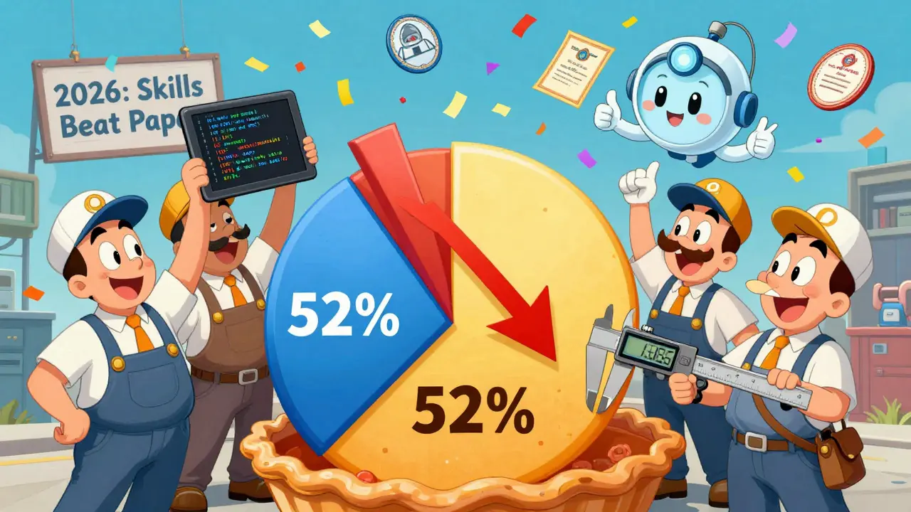 Team celebrating reduced injuries with Python code, digital caliper, and AI tutor in cartoon factory