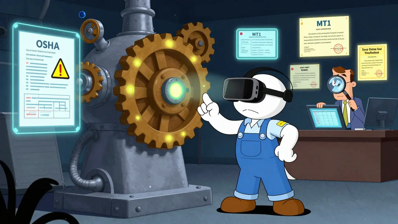 Technician using VR headset to practice safety procedure with floating OSHA manual nearby