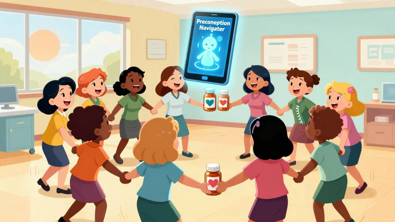 Women passing medications to an AI tablet that turns them into baby-safe symbols.