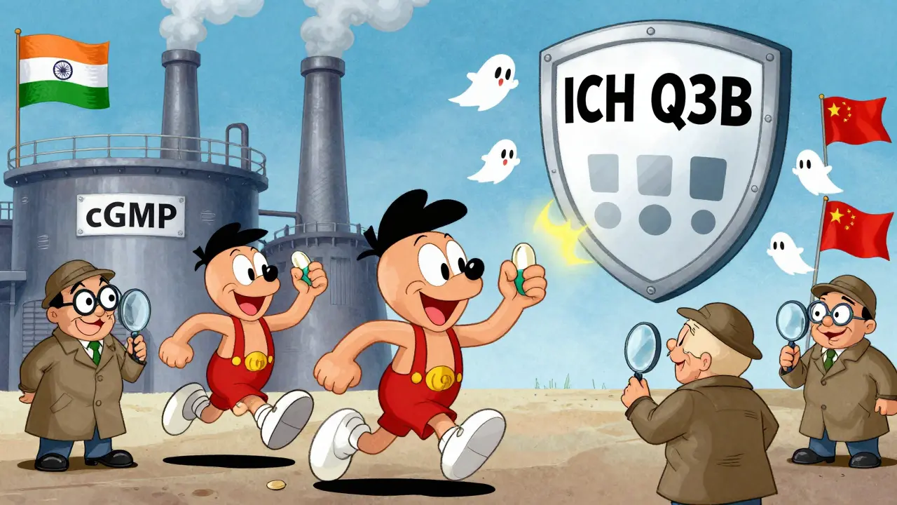 A cartoon factory producing generic pills under FDA inspection, with impurity ghosts being chased away by safety shields.