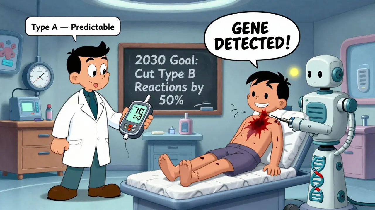 A futuristic medical scene comparing predictable and unpredictable drug reactions with a DNA scanner and chalkboard.