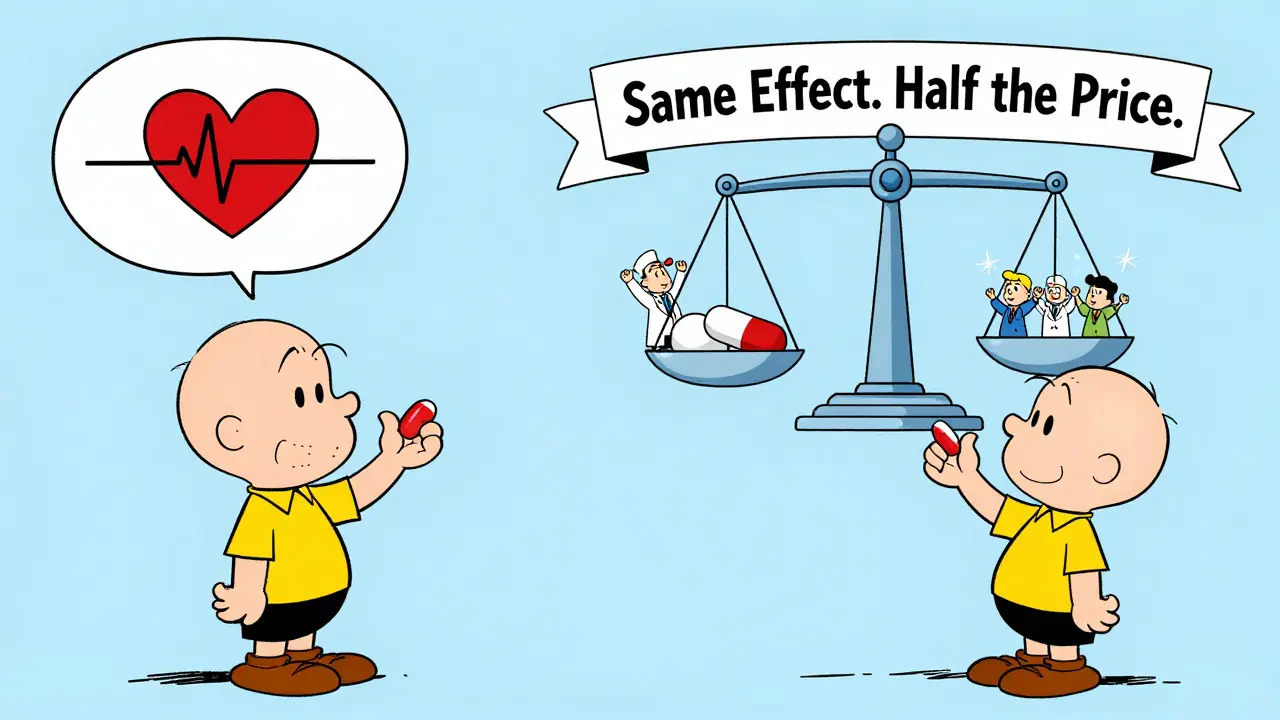 A patient taking a generic pill with the same healthy heartbeat as the brand version, balanced on an FDA scale.