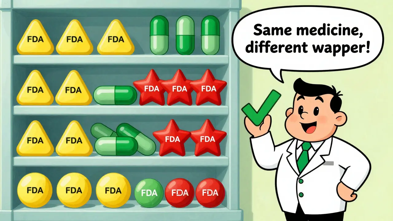 A pharmacy shelf with many differently colored and shaped pills all labeled with the same drug name.