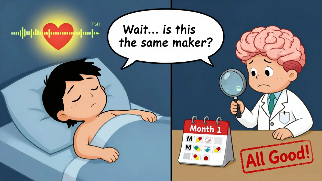 A split scene of a person sleeping peacefully vs. worrying about pill changes, with a pharmacist helping.