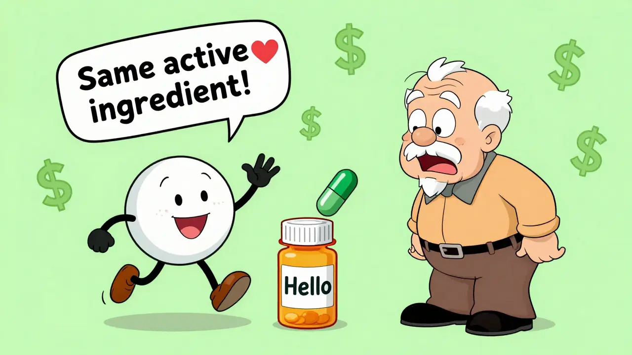 An elderly man surprised as his old pill leaves and a new one greets him, both with same medicine label.