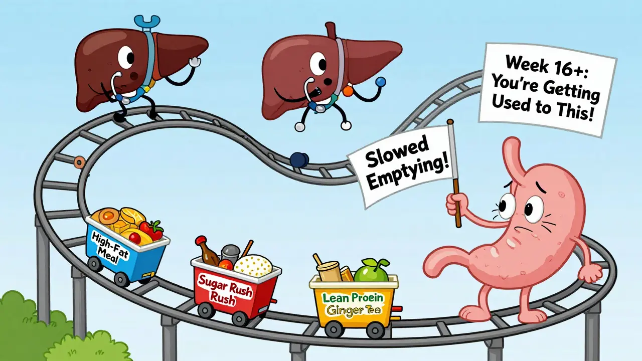 Cartoon gut rollercoaster with food carts stuck, showing how GLP-1 agonists slow digestion.