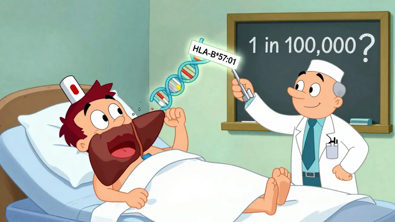 Cartoon immune monster attacking liver while scientist holds glowing DNA key, in Hanna-Barbera style.