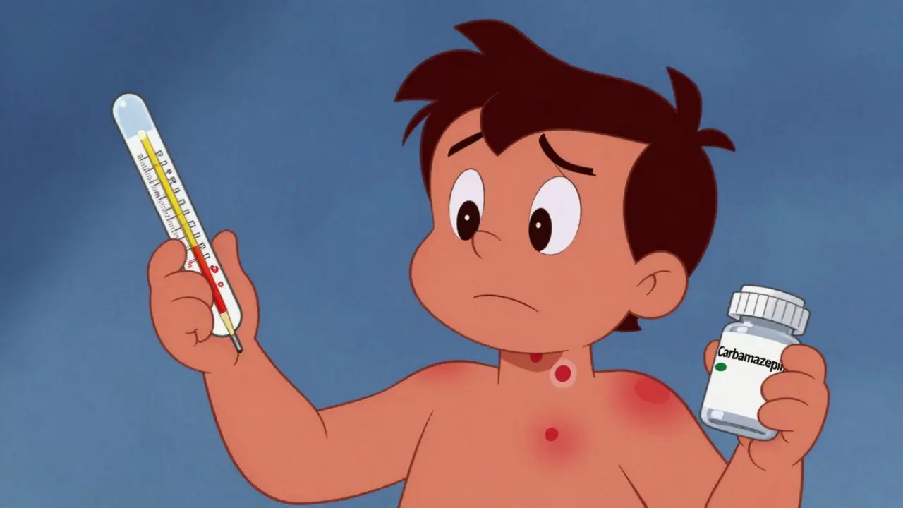 Character with fever, swollen glands, and rash from medication.