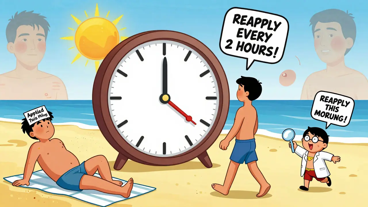 Clock at beach with people ignoring reapplication, while superhero holds teaspoon reminding to reapply every two hours.