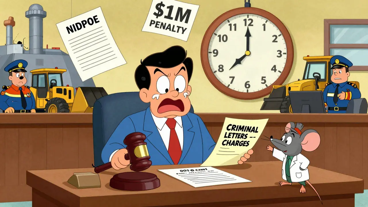 Courtroom scene with FDA judge gaveling down penalties as a company executive panics in cartoon style.
