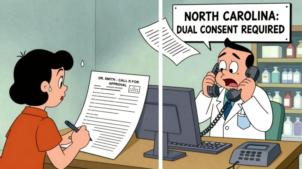 Doctor and patient signing consent form while pharmacist calls for approval.