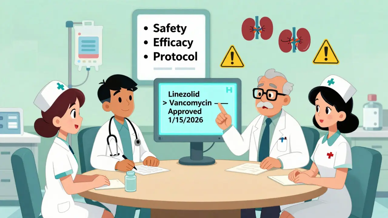 Hospital P&amp;T committee reviewing drug substitution on an EHR screen with clinical icons floating around them.