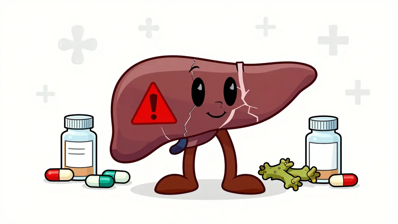 Liver with cracks surrounded by medication bottles and kava roots