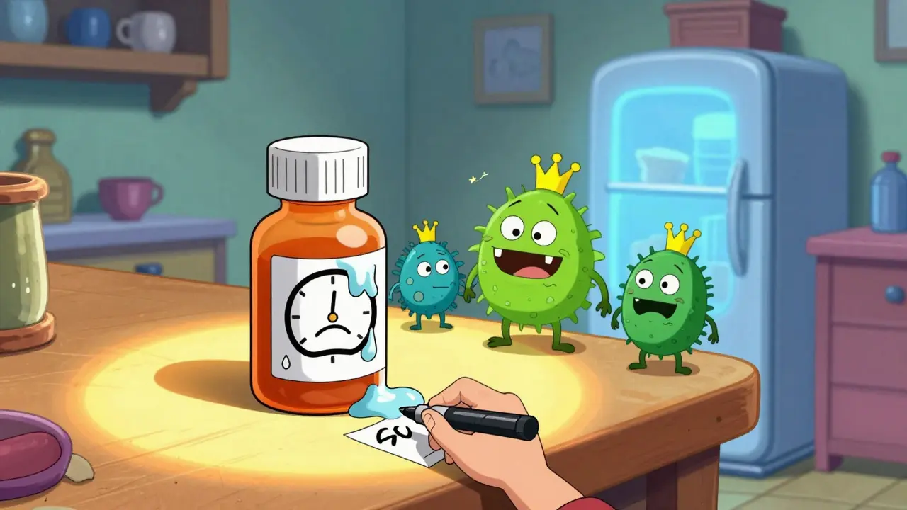 Medicine bottle melting on counter while bacteria grow, fridge safe in distance