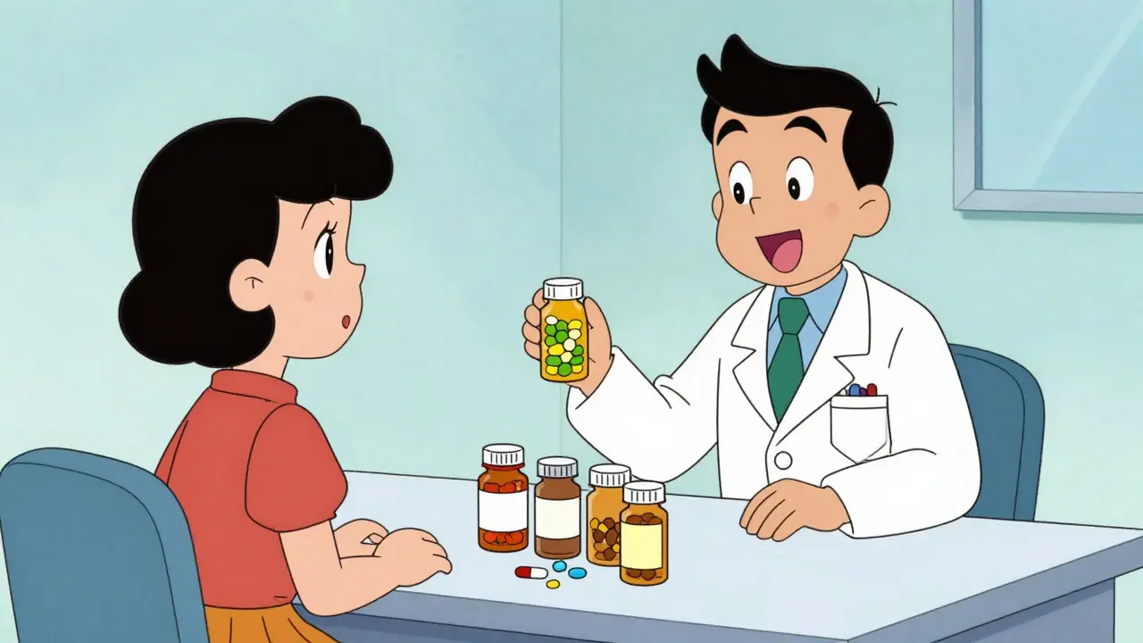 Patient presenting pill bottles to doctor for medication review.