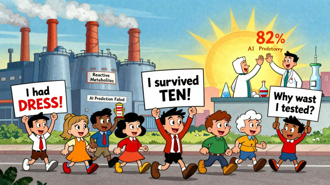 Patients marching past pharmaceutical factory with signs about drug reactions, in Hanna-Barbera style.