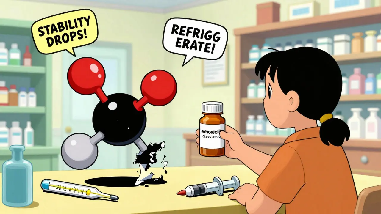 Pharmacist giving antibiotic bottle as chemical molecules show instability