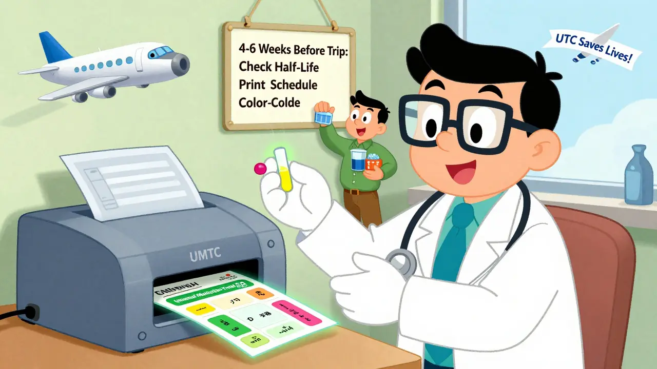 Pharmacist printing a multilingual travel medication card with kanji, Arabic, and Thai text on a glowing card.