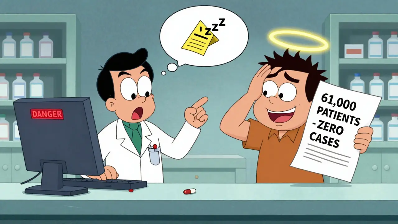 Pharmacist shocked by a warning alert while patient holds up research proving safety