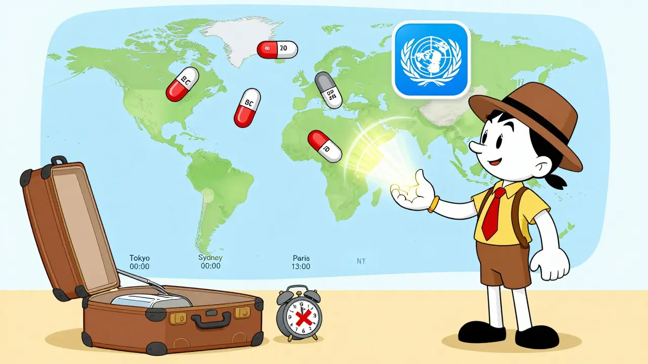 Pills floating above a world map with UTC times synced across time zones, guided by a friendly WHO app icon.