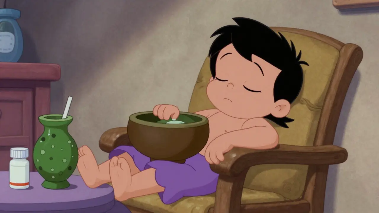 Sleepy person slumped with kava bowl and medication bottle