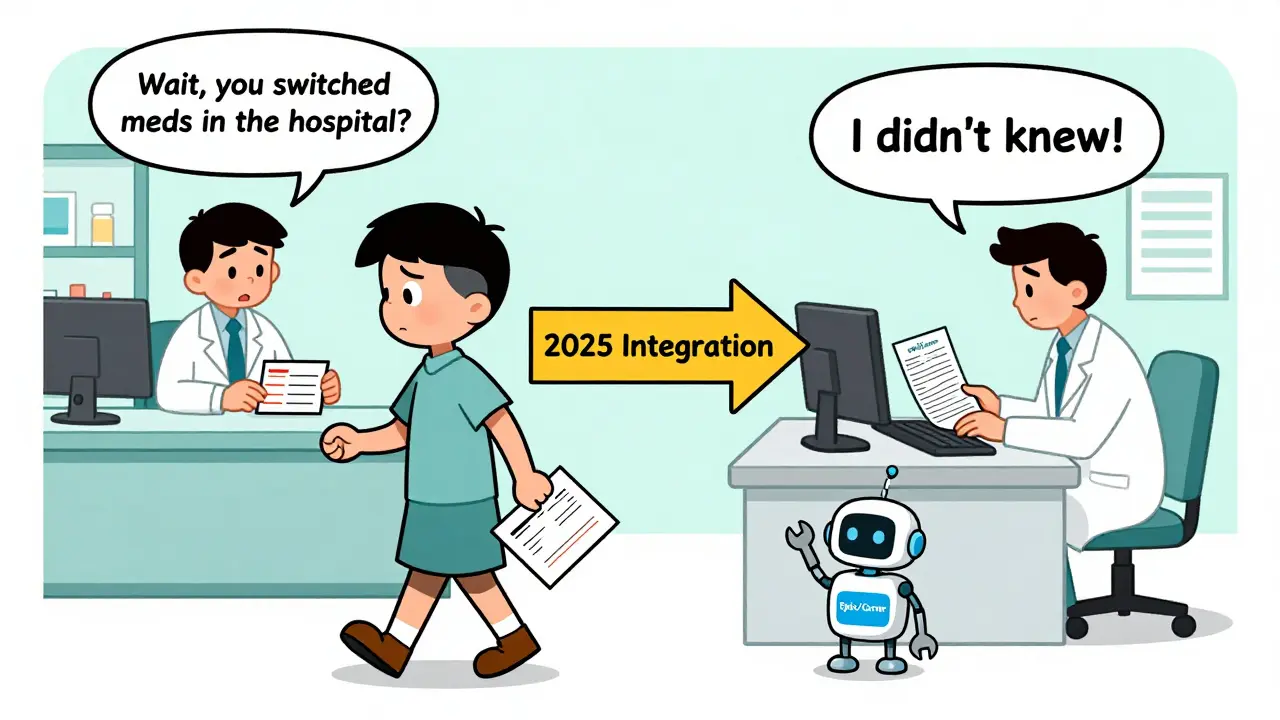 Split-screen of retail and hospital pharmacists facing a medication substitution mismatch, with a connecting arrow labeled '2025 Integration'.