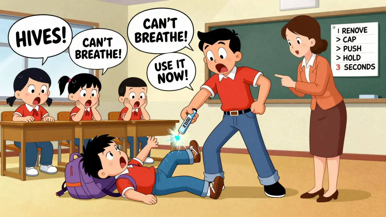 A child in a classroom receives an epinephrine injection through clothing while others react in cartoonish shock.