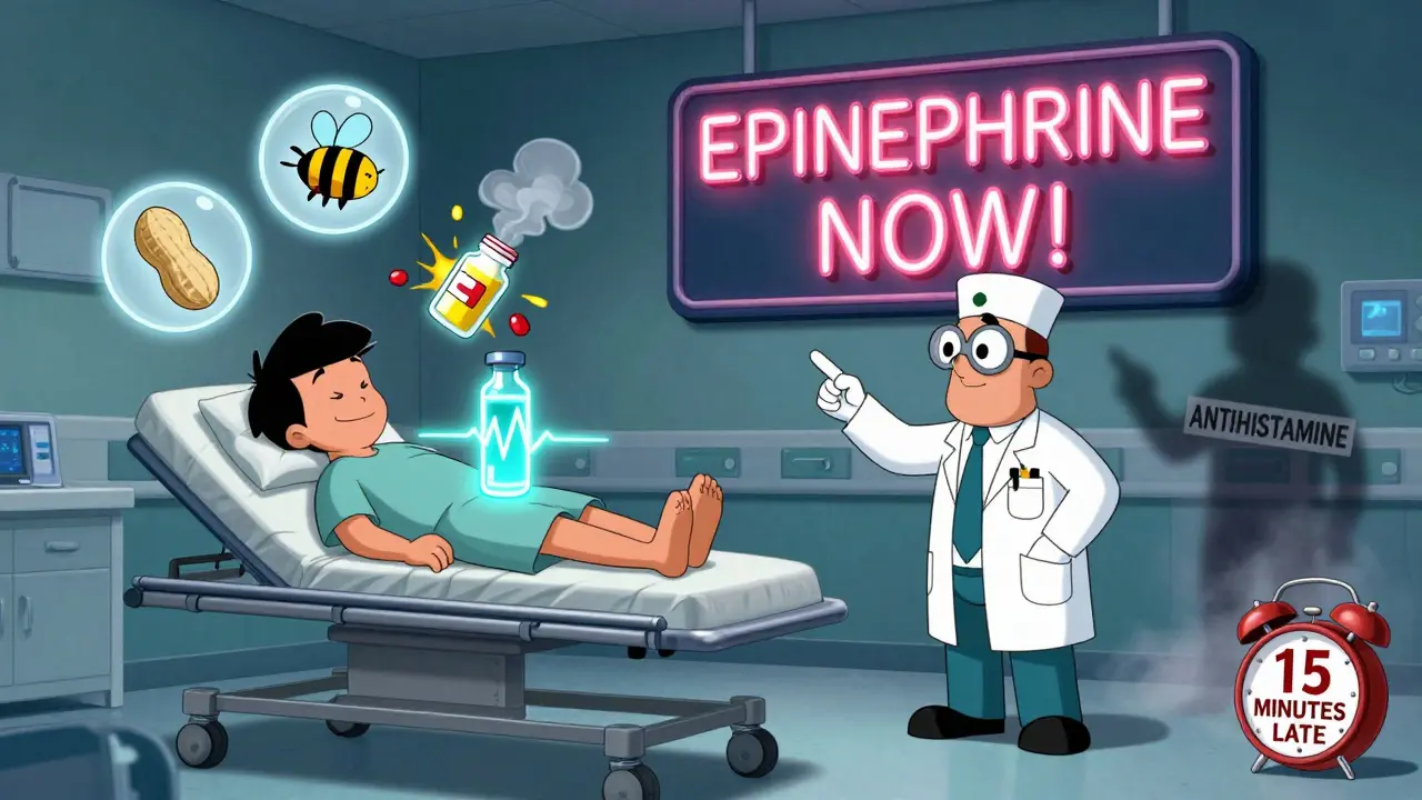 A hospital scene with epinephrine pulsing like a heartbeat while allergen icons explode, and a '15 MINUTES LATE' alarm glows.